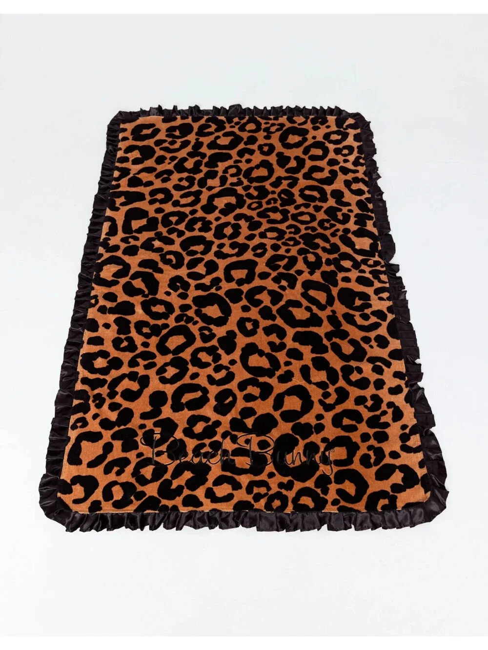 BEACH BUNNY LEOPARD LOVE TOWEL WITH BLACK SATIN RUFFLE TRIM NWT  70 x 39
